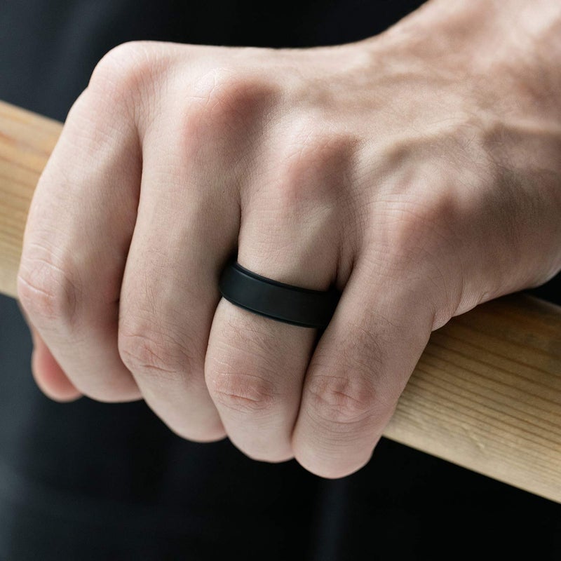 ROQ Silicone Rubber Wedding Ring for Men, Men's Wedding Band, Breathable Rubber Engagement Band, 8mm Wide 2mm Thick, Step Edge, 4 Pack, Black, Black Camo, Silver, Beveled Metallic Platinum, Size 11 - Image 4
